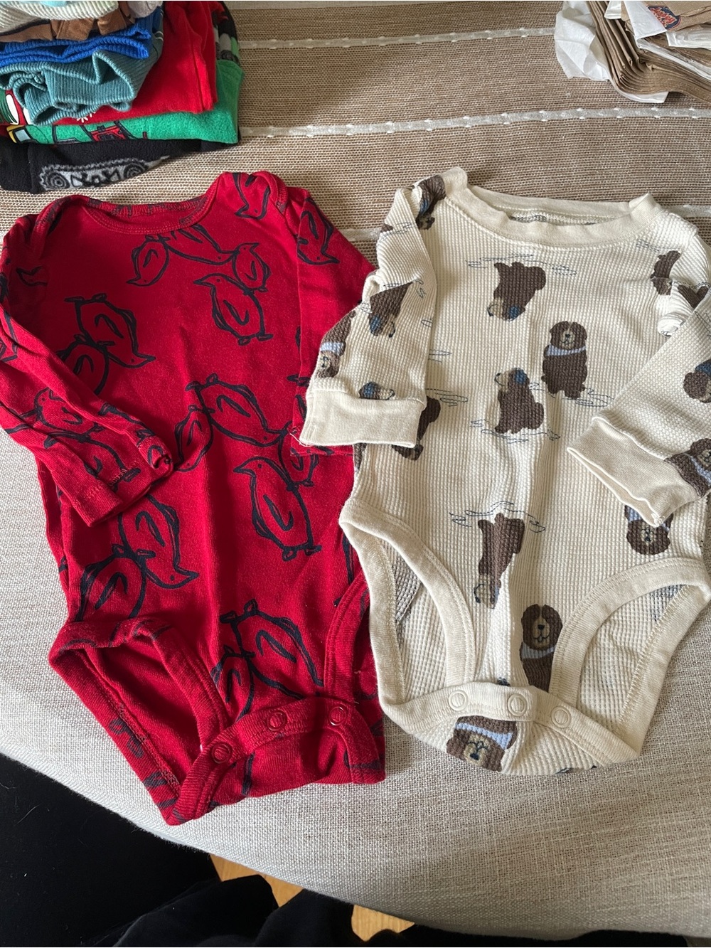 Red Penguin and Cream Bear Printed Long-Sleeve Baby One-Pieces 9 Months